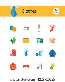 Clothes icon set. Sweater, boots, sewing machine, gloves, hat. Garment concept. Can be used for topics like dressmaking, tailoring, clothing shop, online store