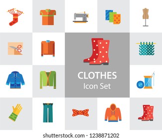 Clothes icon set. Sweater, boots, sewing machine, gloves, hat. Garment concept. Can be used for topics like dressmaking, tailoring, clothing shop, online store