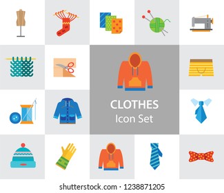 Clothes icon set. Sweater, boots, sewing machine, gloves, hat. Garment concept. Can be used for topics like dressmaking, tailoring, clothing shop, online store