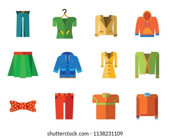 Clothes Icon Set. T-shirt Jeans Bow Tie Hoody Sweatshirt Trousers Pleated Skirt Orange Sweater Coat Beige Jacket Polo Shirt Blue Raincoat Green Jacket Clothes On Hanger