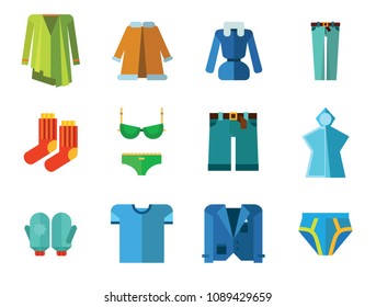 Clothes Icon Set. T-shirt Socks Mittens Male Underpants Rain Poncho Female Underwear Denim Shorts Jeans Jacket Coat Green Clothing Item Waistcoat