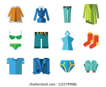 Clothes Icon Set. T-shirt Socks Mittens Male Underpants Rain Poncho Female Underwear Denim Shorts Jeans Jacket Coat Green Clothing Item Waistcoat