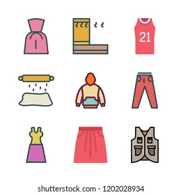clothes icon set. vector set about basketball jersey, vest, jeans and roller icons set.