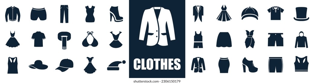 Clothes icon set, woman and man clothes and accessories collection, fashion wardrobe, dress isolated silhouettes of men and women clothing – vector