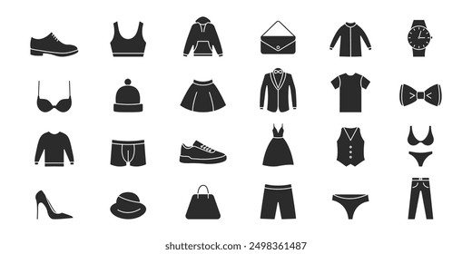 Clothes icon set. Woman and man clothes, accessories. Clothing silhouette icons. Vector.