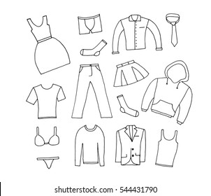 Clothes icon vector on white background.Hand drawn doodle set with man and woman clothes.
