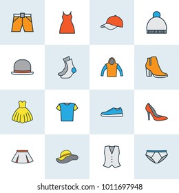 Clothes icons colored line set with elegant headgear, evening gown, vest and other heels elements. Isolated vector illustration clothes icons.