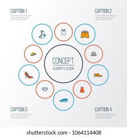 Clothes icons colored line set with singlet, fedora, gown and other dress elements. Isolated vector illustration clothes icons.