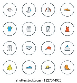 Clothes icons colored line set with half-hose, heels, panama and other elegant headgear elements. Isolated vector illustration clothes icons.