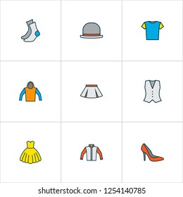 Clothes icons colored line set with cardigan, half-hose, dress and other sweatshirt elements. Isolated vector illustration clothes icons.