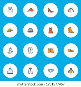Clothes icons colored line set with briefs, singlet, hoodie and other socks elements. Isolated vector illustration clothes icons.