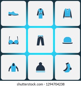 Clothes icons colored set with dressing gown, socks, bra and other jeans elements. Isolated vector illustration clothes icons.