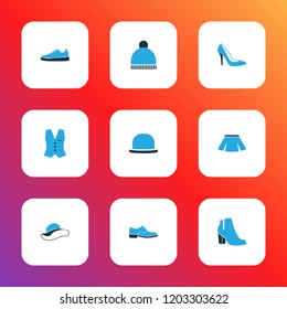 Clothes icons colored set with heels, shoe, gumshoes and other vest elements. Isolated vector illustration clothes icons.