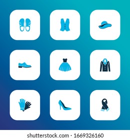 Clothes icons colored set with man shoe, dress, scarf and other waistcoat elements. Isolated vector illustration clothes icons.