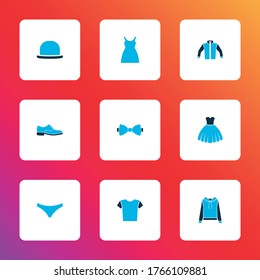 Clothes icons colored set with shirt, sundress, man shoe and other necktie elements. Isolated vector illustration clothes icons.
