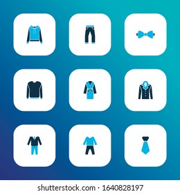 Clothes icons colored set with suit, bow tie, jumper and other cravat elements. Isolated vector illustration clothes icons.