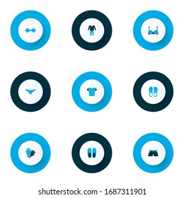 Clothes icons colored set with swimming trunks, knickers, slippers and other necktie elements. Isolated vector illustration clothes icons.