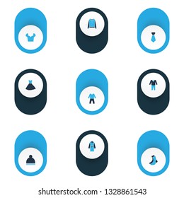 Clothes icons colored set with winter hat, socks, dressing gown and other beanie elements. Isolated vector illustration clothes icons.