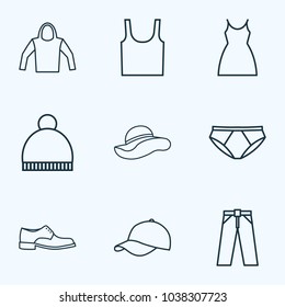 Clothes icons line style set with cap, beanie, elegant headgear and other singlet elements. Isolated vector illustration clothes icons.