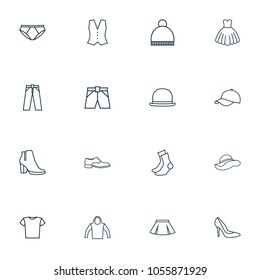 Clothes icons line style set with vest, evening gown, panama and other waistcoat elements. Isolated vector illustration clothes icons.