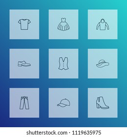 Clothes icons line style set with evening gown, elegant headgear, t-shirt and other blouse elements. Isolated vector illustration clothes icons.