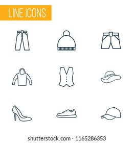 Clothes icons line style set with elegant headgear, shorts, heels and other sweatshirt elements. Isolated vector illustration clothes icons.