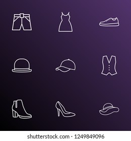 Clothes icons line style set with panama, vest, female boots and other fedora elements. Isolated vector illustration clothes icons.