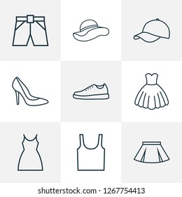 Clothes icons line style set with skirt, sneakers, underwear and other dress elements. Isolated vector illustration clothes icons.