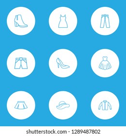 Clothes icons line style set with shorts, heels, skirt and other dress elements. Isolated vector illustration clothes icons.