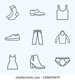 Clothes icons line style set with panties, socks, female boots and other heels elements. Isolated vector illustration clothes icons.