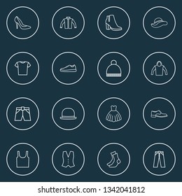 Clothes icons line style set with vest, socks, female boots and other sweatshirt elements. Isolated vector illustration clothes icons.