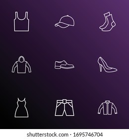 Clothes icons line style set with jacket, heels, shorts and other half-hose elements. Isolated vector illustration clothes icons.