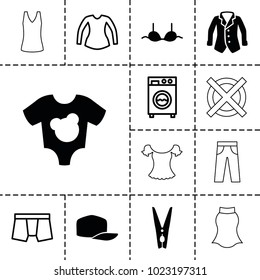 Clothes icons. set of 13 editable filled and outline clothes icons such as bra, cloth pin, man underwear, blouse, washing machine, baby onesie, baseball cap, jacket