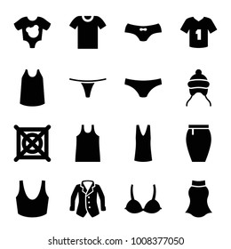 Clothes icons. set of 16 editable filled clothes icons such as baby cap, no dry cleaning, female underwear, sport bra, singlet, skirt, t-shirt, baby onesie, bra