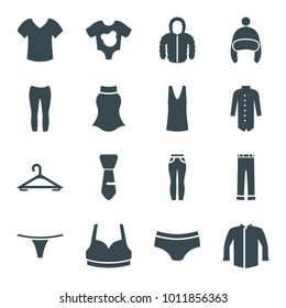 Clothes icons. set of 16 editable filled clothes icons such as hanger, sport bra, singlet, jacket, woman pants, tie, baby onesie, baby cap, shirt, man underwear