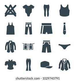 Clothes icons. set of 16 editable filled clothes icons such as baby onesie, no bleaching, female underwear, pants, woman pants, jacket, sport shorts, photos on rope, tie