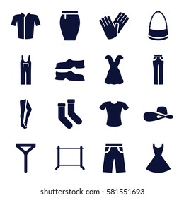 Clothes icons set. Set of 16 Clothes filled icons such as hanger, socks, tights, slippers, jacket, T-shirt, tie, bag, pants, jumpsuit, woman pants, skirt, dress, woman hat