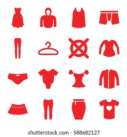 clothes icons set. Set of 16 clothes filled icons such as baby onesie, no dry cleaning, man underwear, singlet, jacket, blouse, woman pants, skirt, hoodie, hanger
