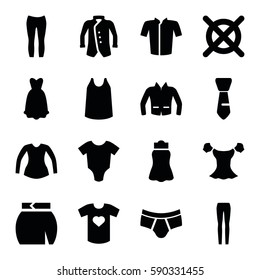 clothes icons set. Set of 16 clothes filled icons such as baby onesie, no dry cleaning, man underwear, singlet, jacket, blouse, woman pants, skirt, tie, t-shirt with heart