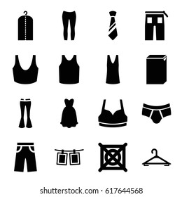 Clothes icons set. set of 16 clothes filled icons such as hanger, washing machine, clothes on hanger, no dry cleaning, man underwear, sport bra, singlet, pants, woman pants