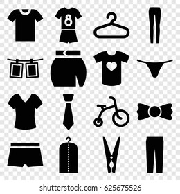 Clothes icons set. set of 16 clothes filled icons such as child bicycle, hanger, shirt, clothes on hanger, female underwear, pants, woman pants, skirt, bow tie