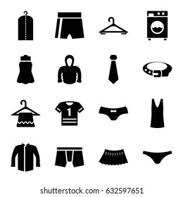 Clothes icons set. set of 16 clothes filled icons such as hanger, belt, clothes on hanger, man underwear, female underwear, singlet, jacket, skirt, hoodie, washing machine