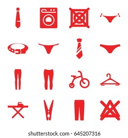 Clothes icons set. set of 16 clothes filled icons such as child bicycle, panties with heart, hanger, belt, ironing table, no bleaching, no dry cleaning, female underwear