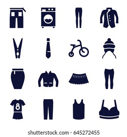 Clothes icons set. set of 16 clothes filled icons such as child bicycle, baby cap, sport bra, singlet, pants, woman pants, skirt, jacket, cloth pin, tie, washing machine