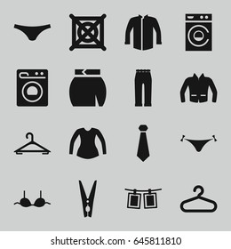 Clothes icons set. set of 16 clothes filled icons such as hanger, panties with heart, washing machine, no dry cleaning, female underwear, bra, jacket, blouse, woman pants