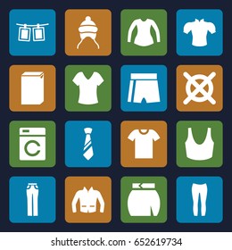 Clothes icons set. set of 16 clothes filled icons such as washing machine, baby cap, shirt, no dry cleaning, sport bra, blouse, woman pants, skirt, jacket, tie, photos on rope