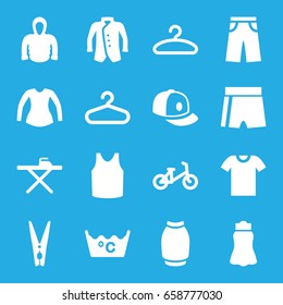 Clothes icons set. set of 16 clothes filled icons such as child bicycle, hanger, ironing table, laundry, singlet, blouse, pants, skirt, baseball cap, jacket, hoodie, cloth pin