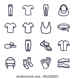 Clothes icons set. Set of 16 Clothes outline icons such as socks, slippers, boot, sport bra, T-shirt, underpants, jacket, bag, woman pants, woman hat, winter hat, gloves