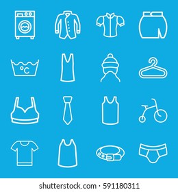 clothes icons set. Set of 16 clothes outline icons such as child bicycle, baby cap, hanger, belt, laundry, man underwear, sport bra, singlet, blouse, skirt, jacket