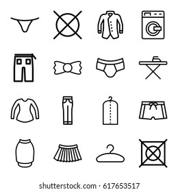 Clothes icons set. set of 16 clothes outline icons such as washing machine, ironing table, clothes on hanger, no dry cleaning, man underwear, female underwear, blouse, pants